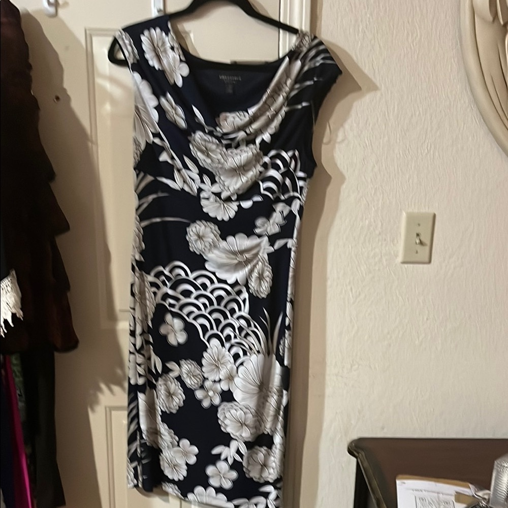 Connected Apparel Black and White Cowl Neck Sheath Dress